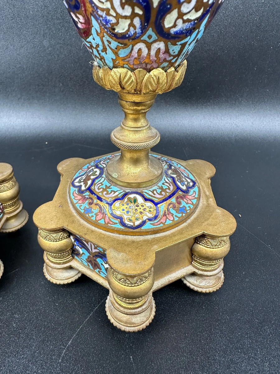 Antique Bronze Champlevé Pair Of Vases -photo-8