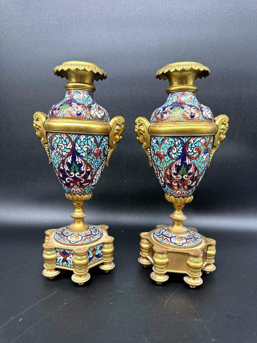 Antique Bronze Champlevé Pair Of Vases 