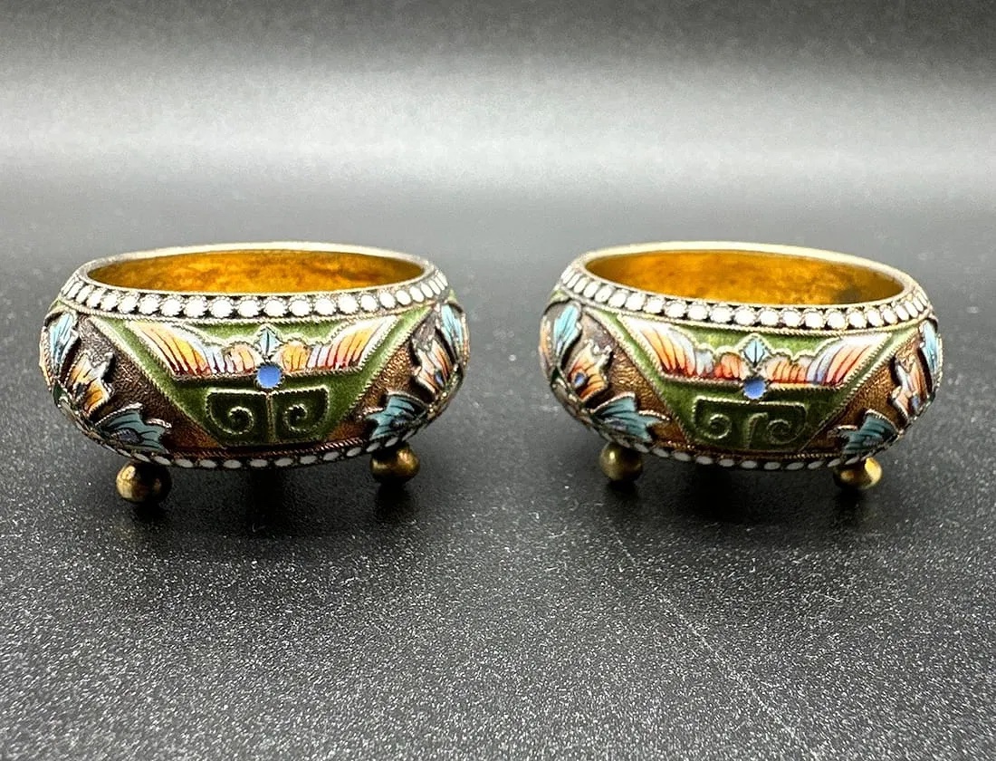 Paire de salières anciennes russes en argent émaillé-photo-3