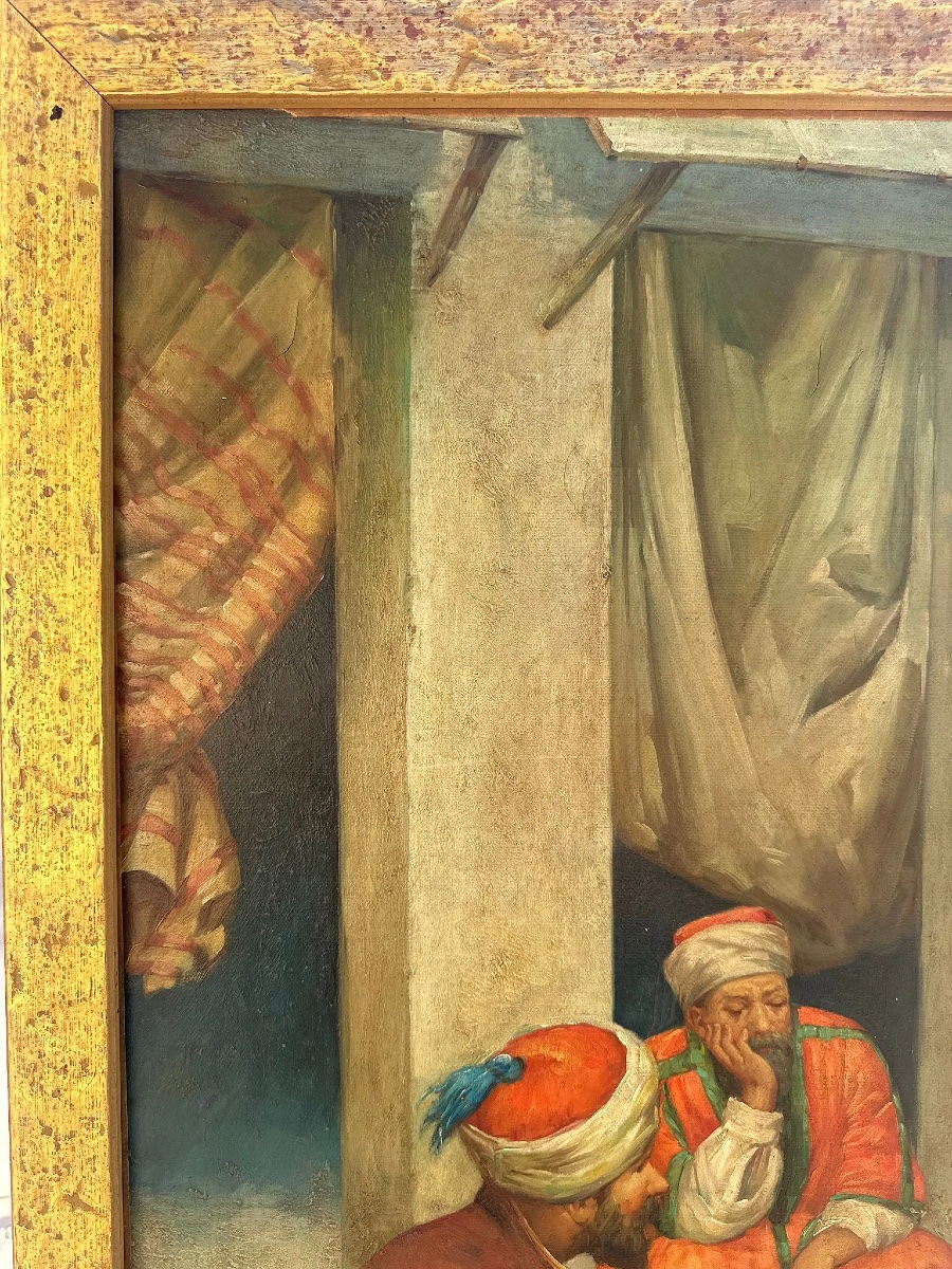 Large Orientalist Painting Oil On Canvas. Egyptian Market-photo-2