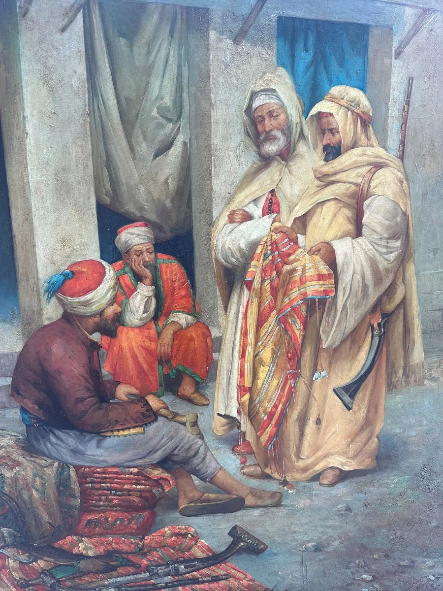 Large Orientalist Painting Oil On Canvas. Egyptian Market-photo-4
