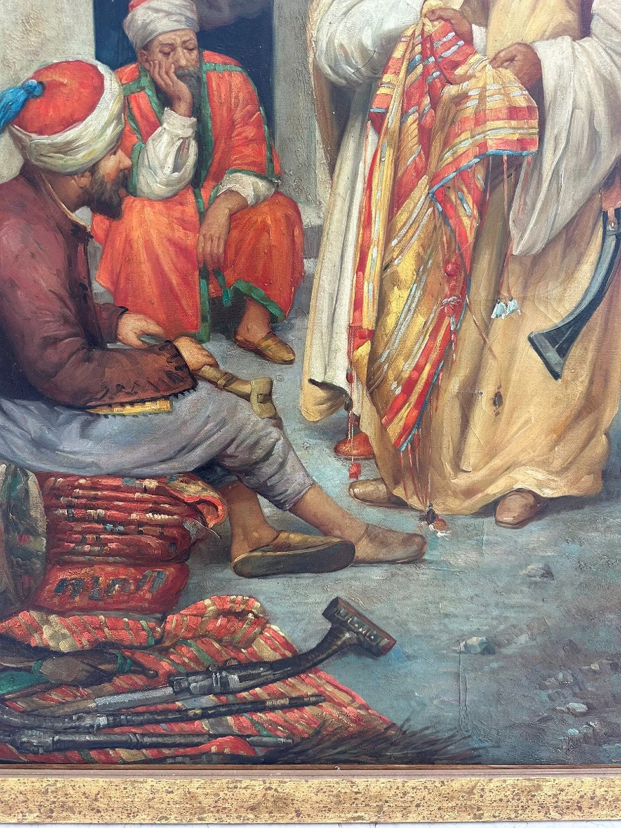Large Orientalist Painting Oil On Canvas. Egyptian Market-photo-5