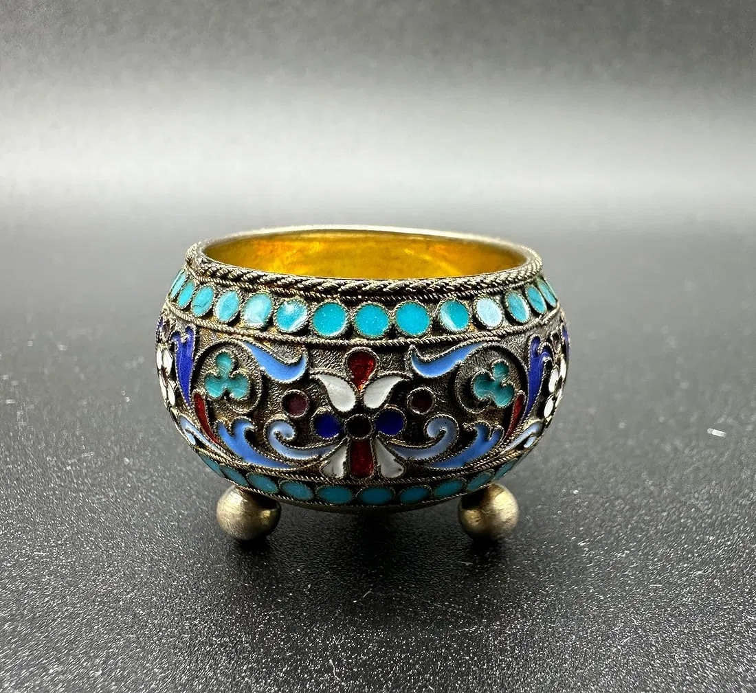 Antique Russian Silver Enamel Salt Cellat-photo-3
