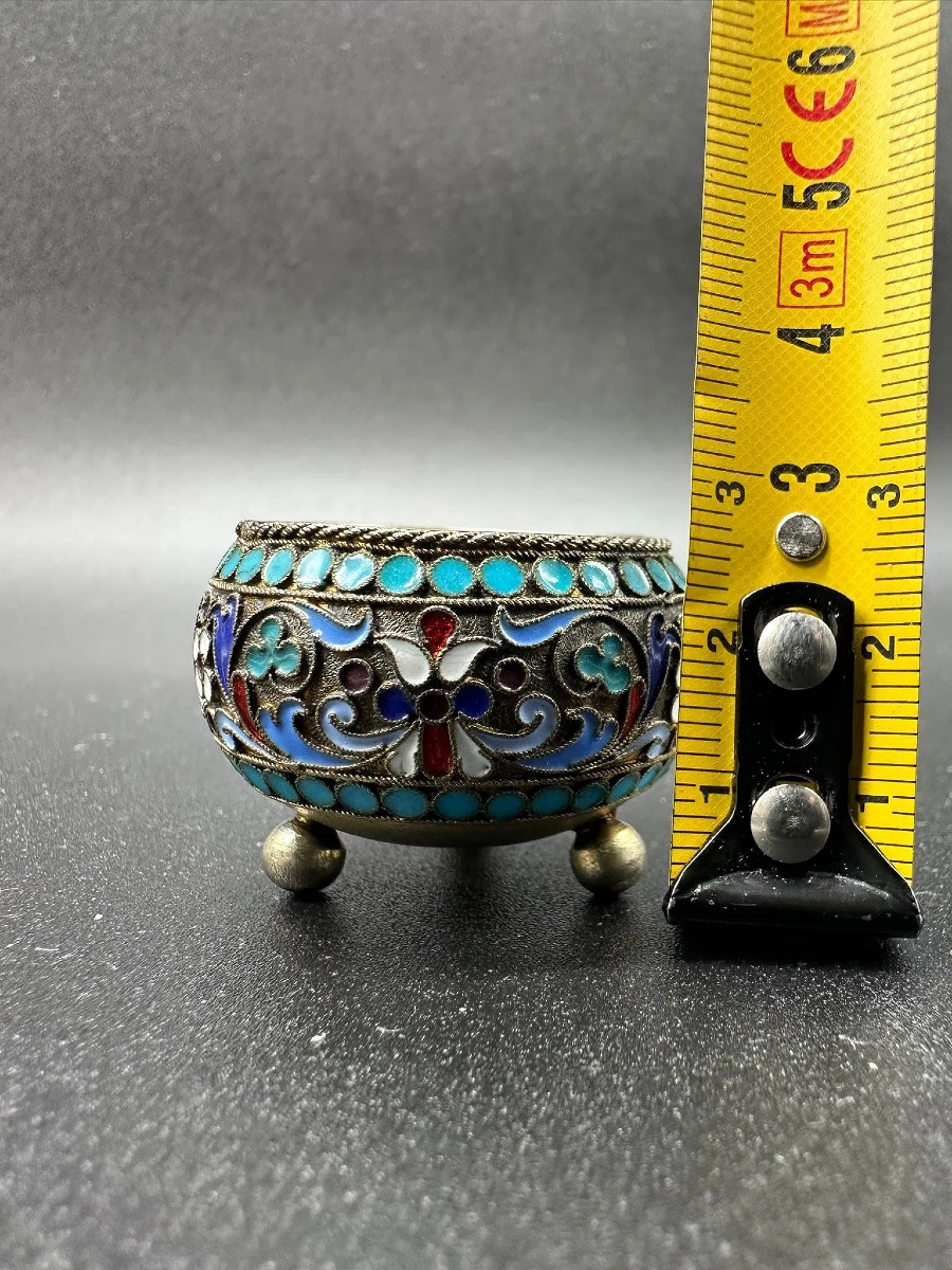 Antique Russian Silver Enamel Salt Cellat-photo-2