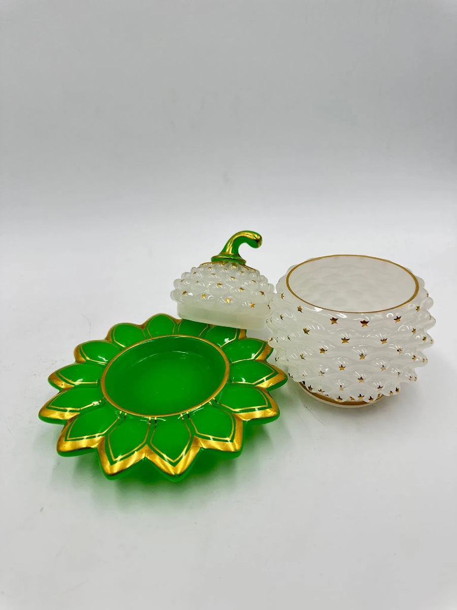 Baccarat Opaline Sugar Pot And Cover In A Shape Of Pine Apple" Pate De Riz",1845-1865 #2-photo-4