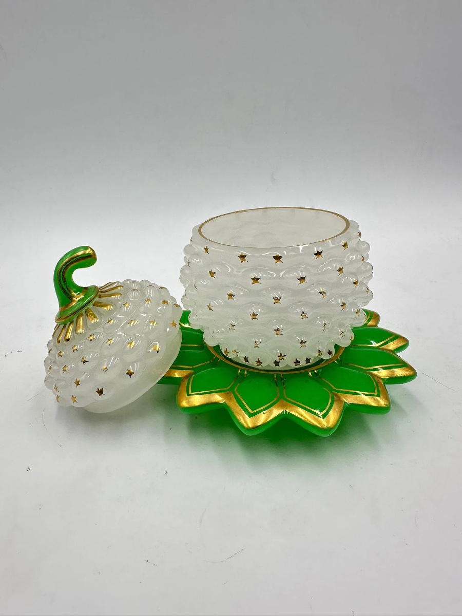 Baccarat Opaline Sugar Pot And Cover In A Shape Of Pine Apple" Pate De Riz",1845-1865 #2-photo-7