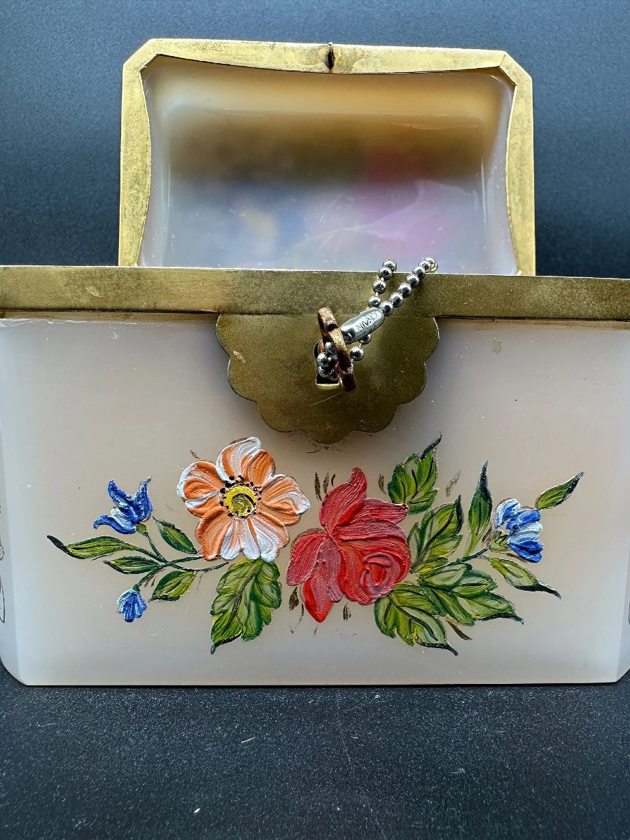 Coffret en verre opaline rose  peint à la main,XIXsiecle-photo-8