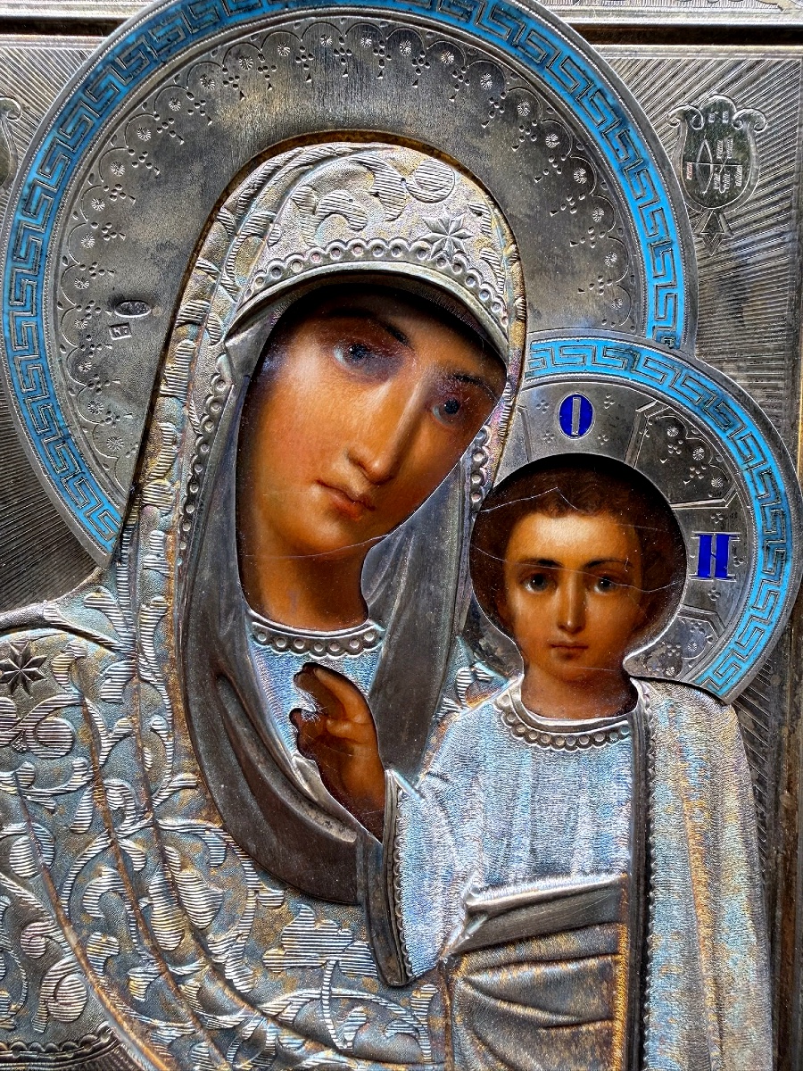 Wonderful Russian Icon Parcel Gilt Champlevé Enamel Icon Of Kazanskaya Mother Of God-photo-2