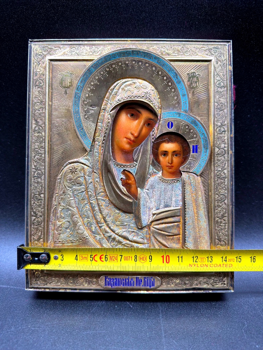 Wonderful Russian Icon Parcel Gilt Champlevé Enamel Icon Of Kazanskaya Mother Of God-photo-1