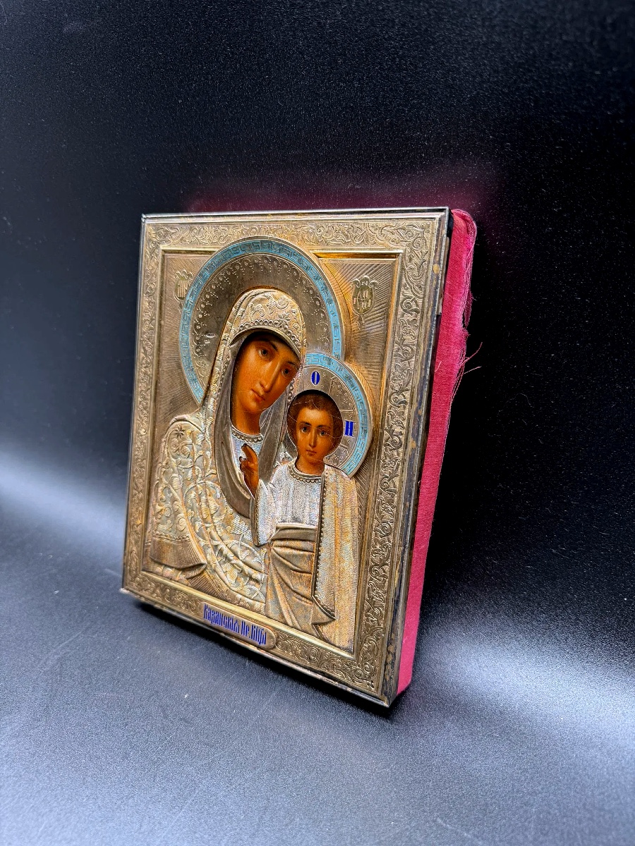 Wonderful Russian Icon Parcel Gilt Champlevé Enamel Icon Of Kazanskaya Mother Of God-photo-3