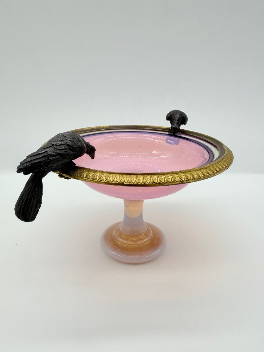 French Opaline Pigeon Gorge Tazza With Bronze Figures Of The Birds,charles X-photo-3