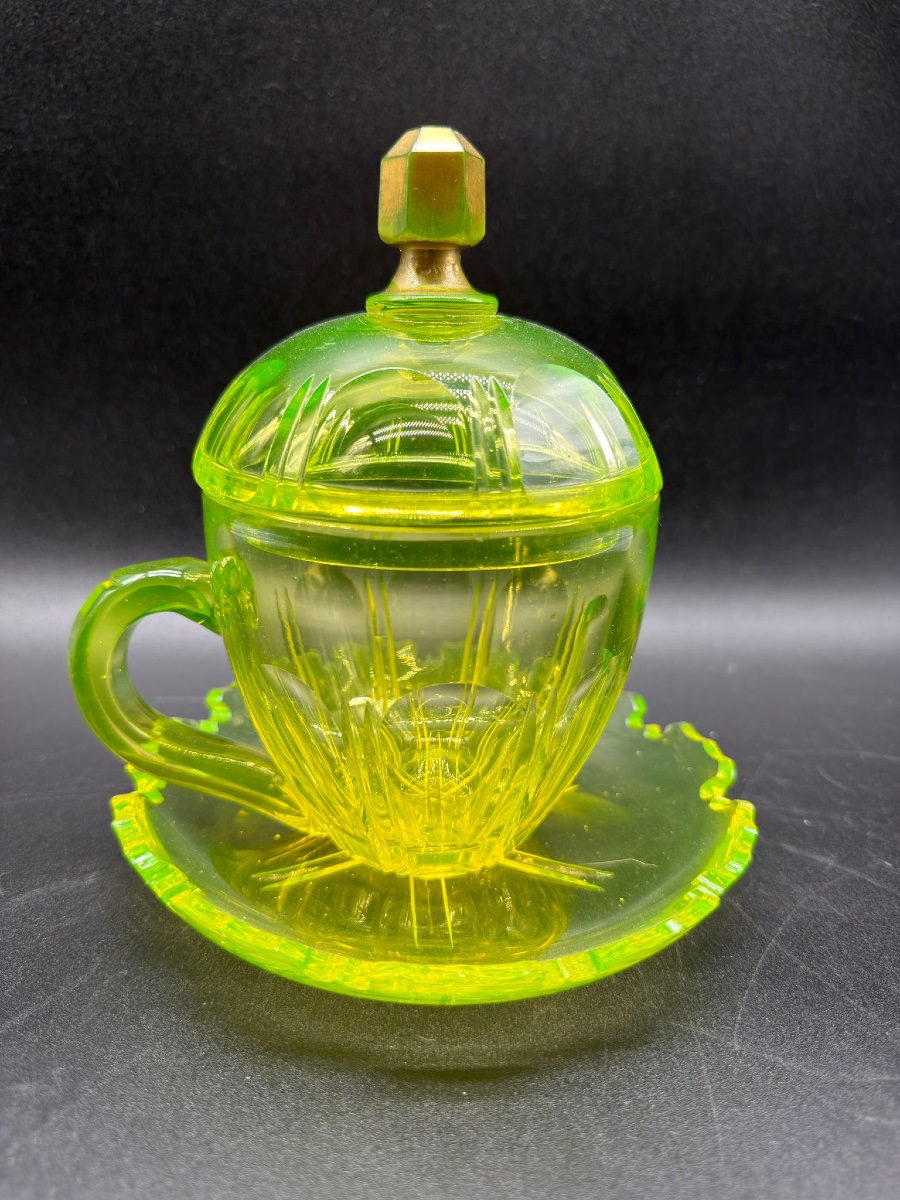 Antique Bohemian Uranium Glass Covered Cup And Saucer, Sahleplik For Middle East Market-photo-2