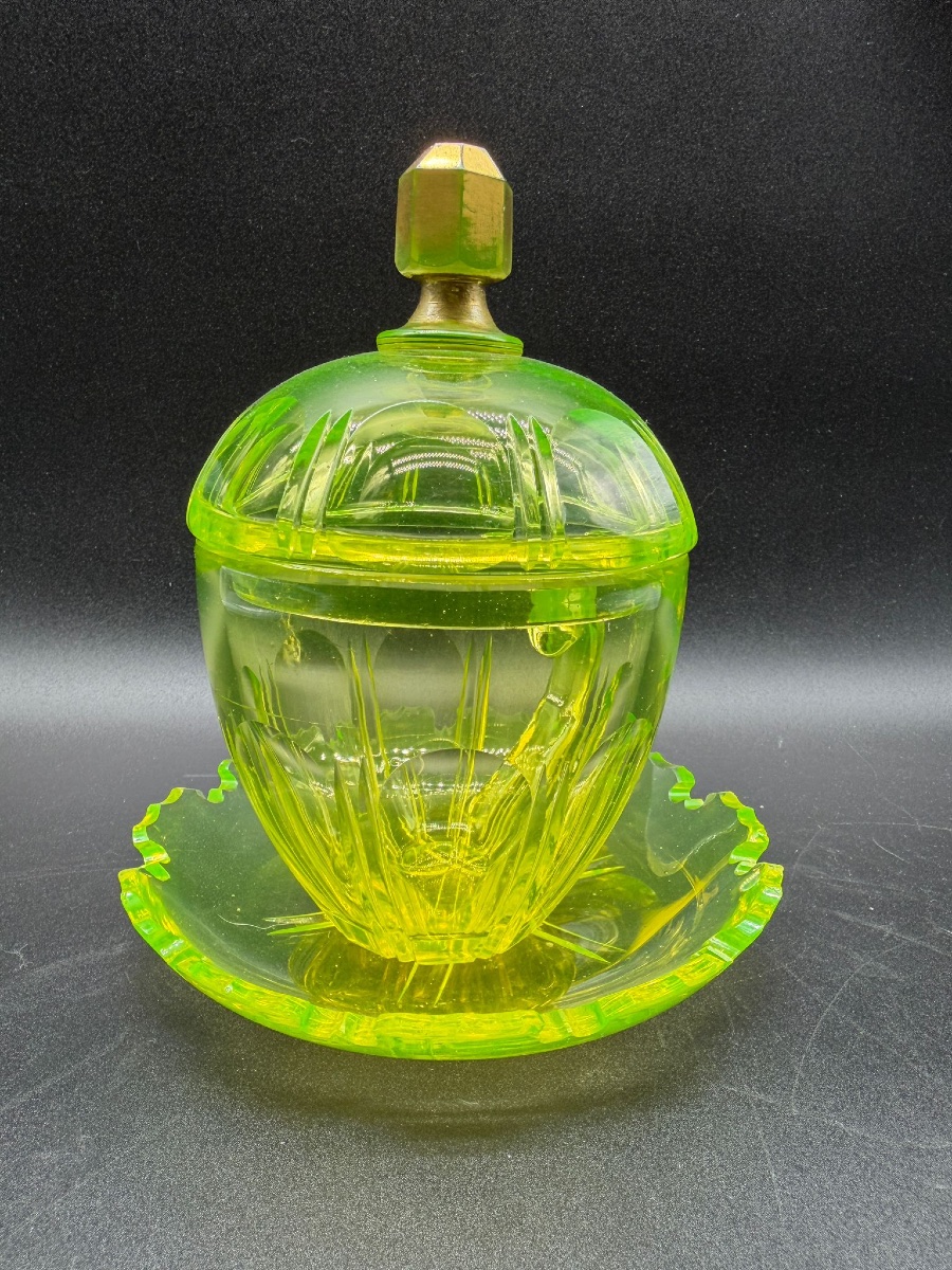 Antique Bohemian Uranium Glass Covered Cup And Saucer, Sahleplik For Middle East Market-photo-3