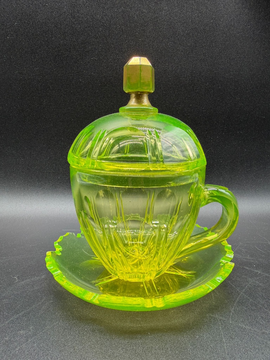 Antique Bohemian Uranium Glass Covered Cup And Saucer, Sahleplik For Middle East Market