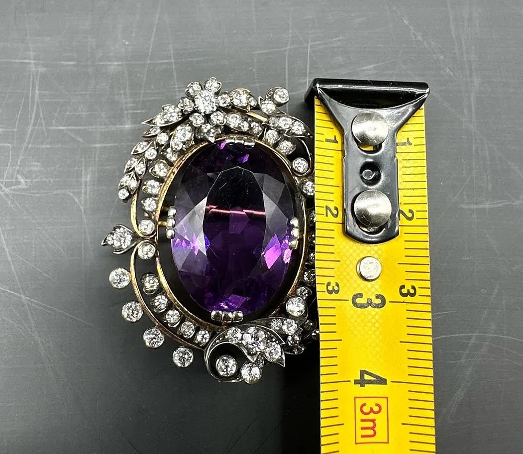 Victorian Large Gold Brooch With Large Amethyst And Diamonds-photo-2