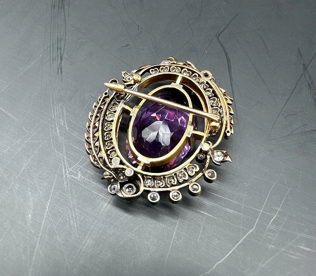 Victorian Large Gold Brooch With Large Amethyst And Diamonds-photo-3