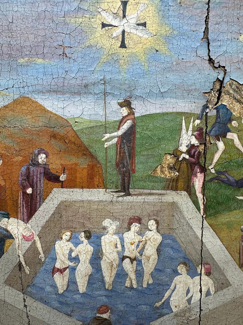 Peinture ancienne représentant la fontaine de jouvence. Art flamand du XVe-XVIIe siècle (?)-photo-2