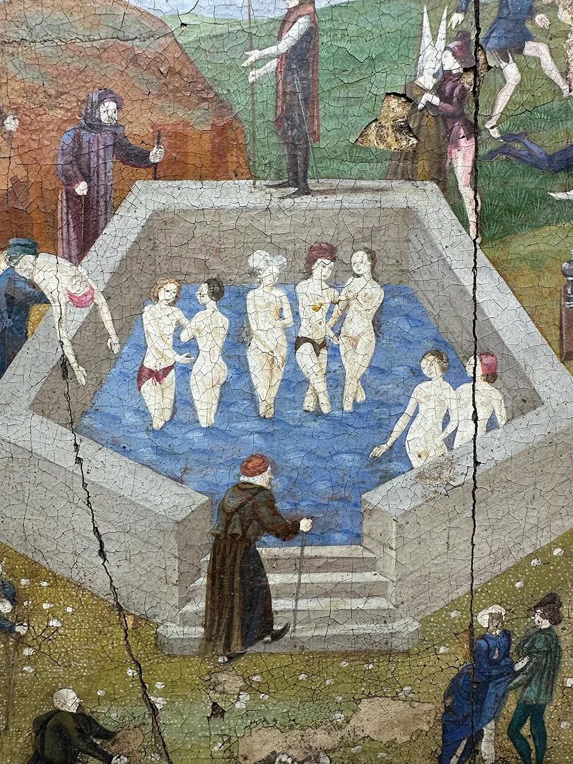 Peinture ancienne représentant la fontaine de jouvence. Art flamand du XVe-XVIIe siècle (?)-photo-3