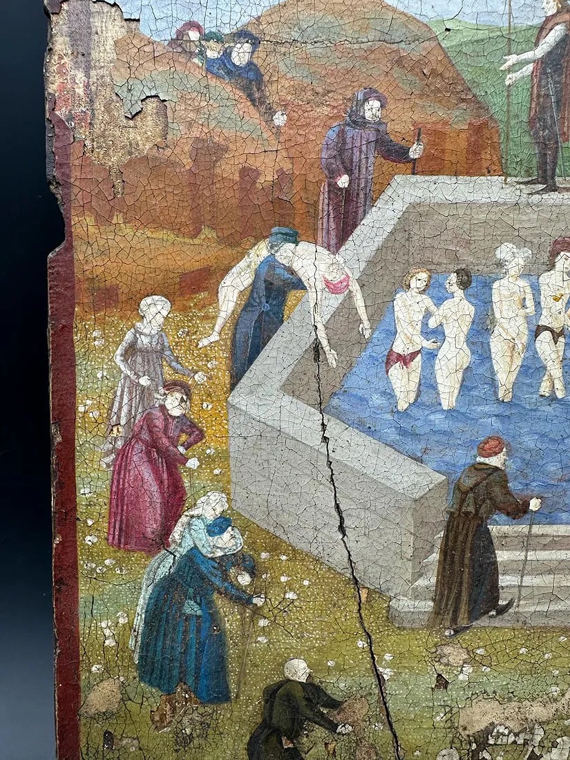 Peinture ancienne représentant la fontaine de jouvence. Art flamand du XVe-XVIIe siècle (?)-photo-4