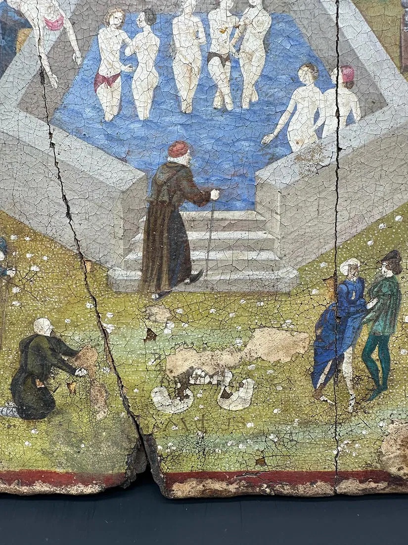 Peinture ancienne représentant la fontaine de jouvence. Art flamand du XVe-XVIIe siècle (?)-photo-2