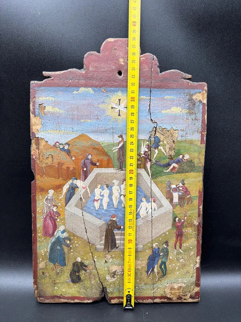 Peinture ancienne représentant la fontaine de jouvence. Art flamand du XVe-XVIIe siècle (?)-photo-7