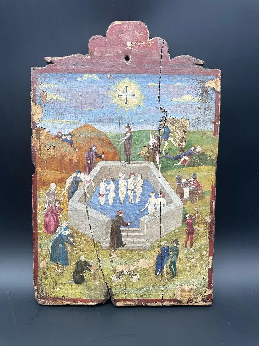 Peinture ancienne représentant la fontaine de jouvence. Art flamand du XVe-XVIIe siècle (?)