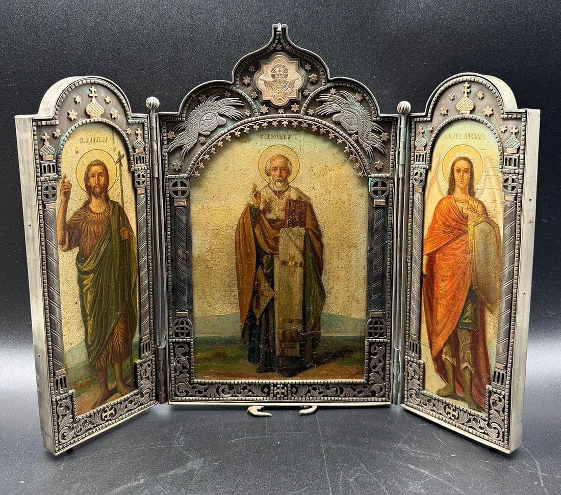 Grande icône russe en argent du XIXe siècle, Saint Nicolas, Saint Jean, Saint Michel, Triptyque-photo-2