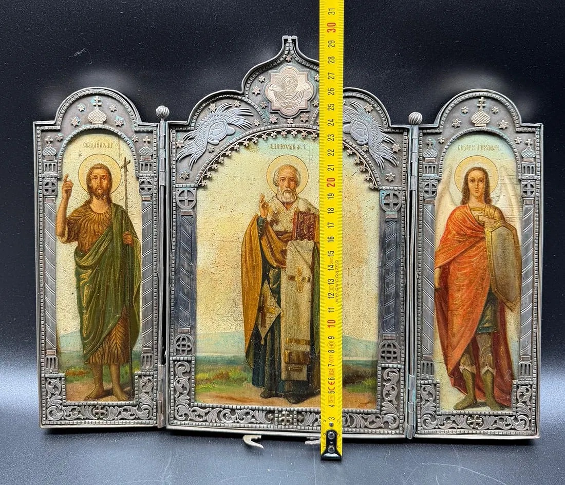 Grande icône russe en argent du XIXe siècle, Saint Nicolas, Saint Jean, Saint Michel, Triptyque-photo-1