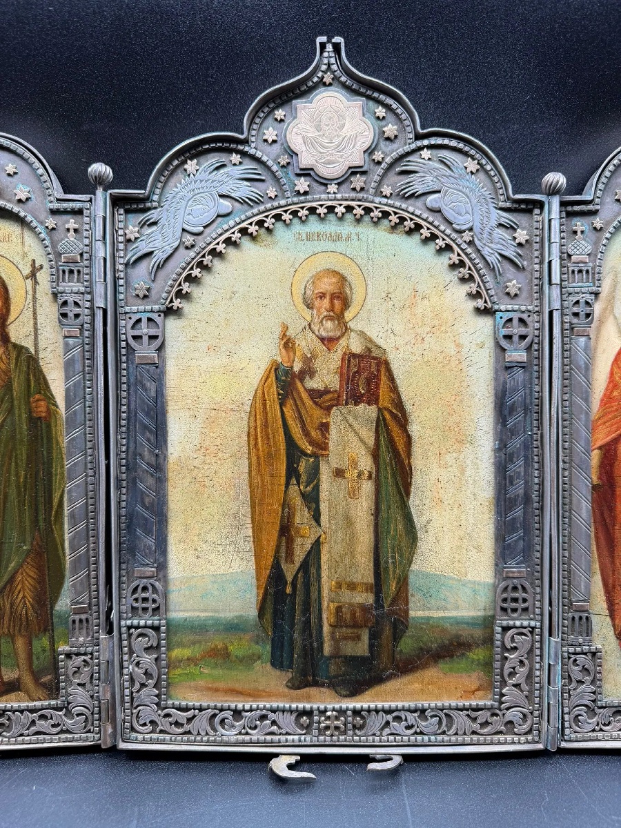 Grande icône russe en argent du XIXe siècle, Saint Nicolas, Saint Jean, Saint Michel, Triptyque-photo-2