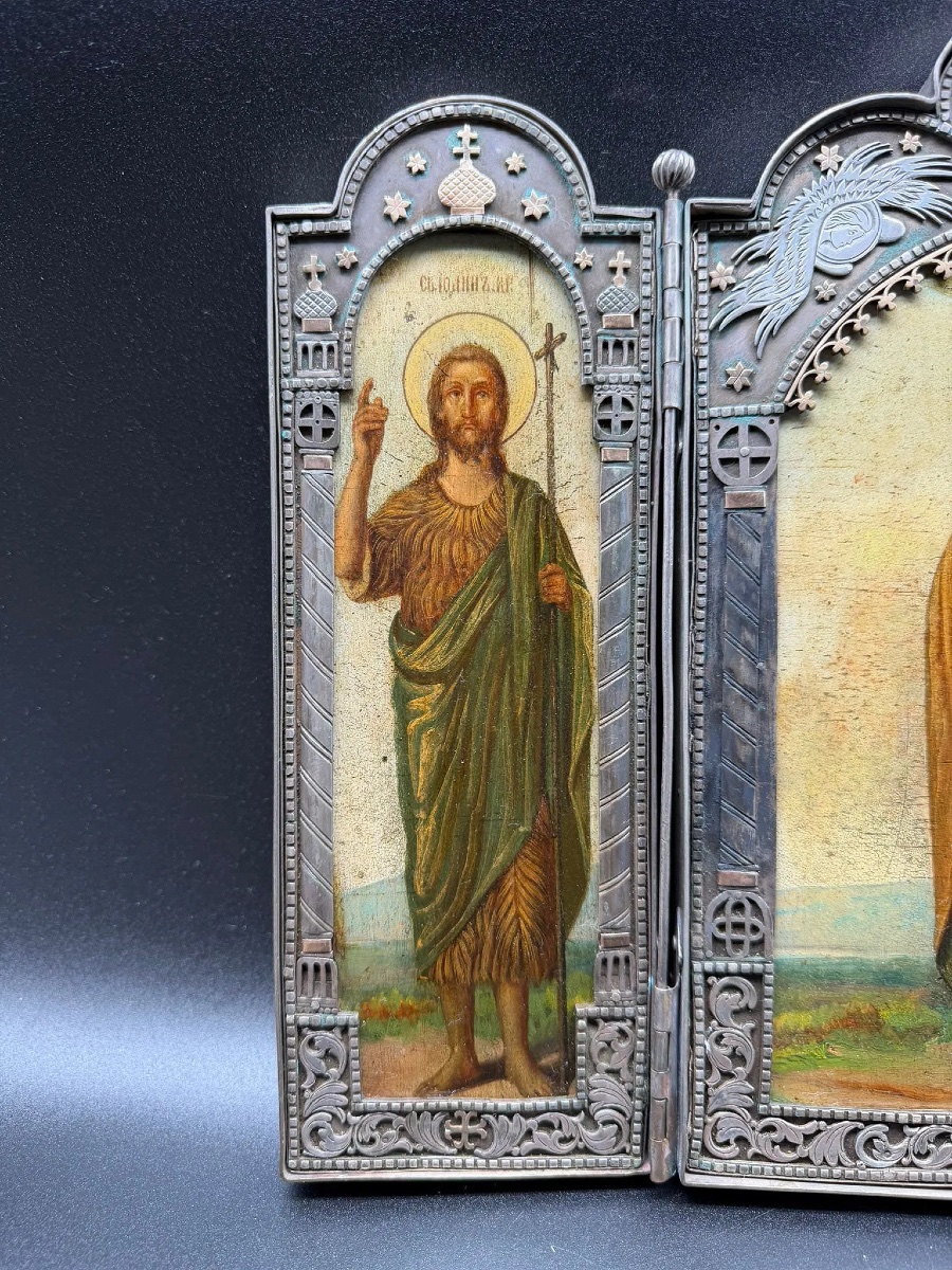 Grande icône russe en argent du XIXe siècle, Saint Nicolas, Saint Jean, Saint Michel, Triptyque-photo-3