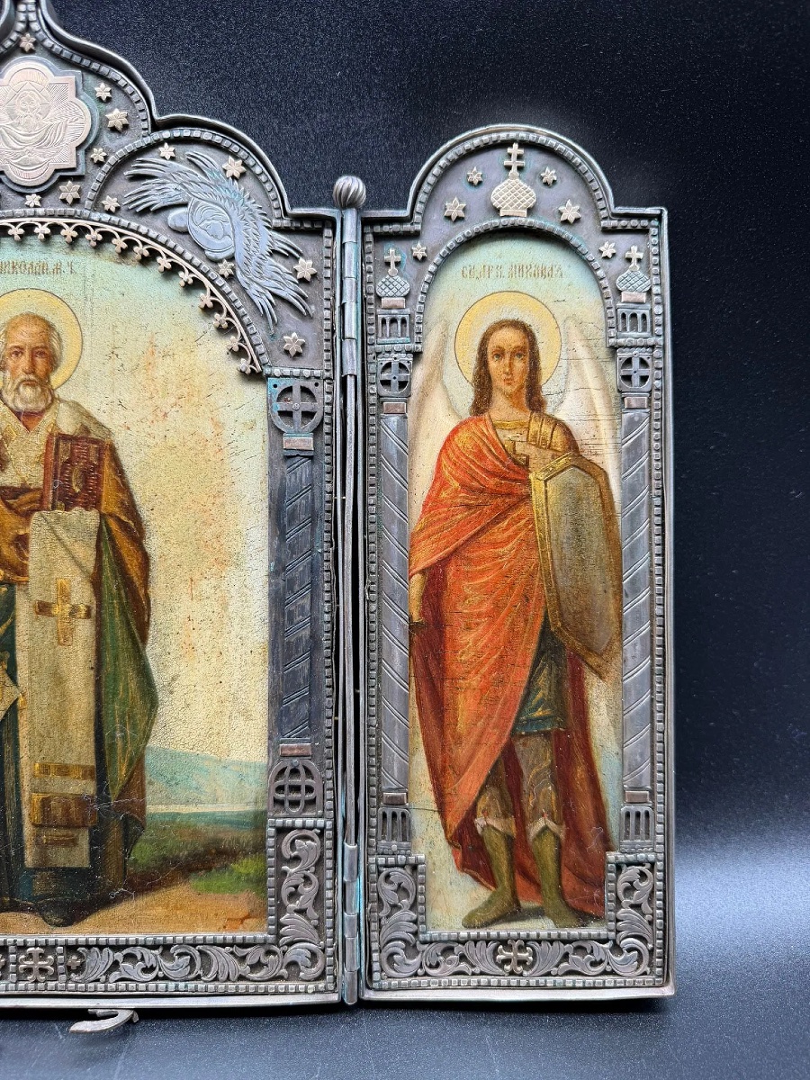 Grande icône russe en argent du XIXe siècle, Saint Nicolas, Saint Jean, Saint Michel, Triptyque-photo-4