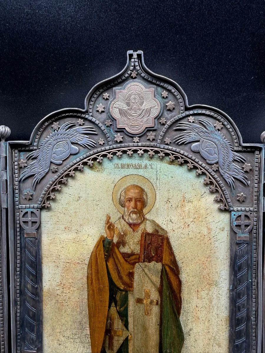 Grande icône russe en argent du XIXe siècle, Saint Nicolas, Saint Jean, Saint Michel, Triptyque-photo-5