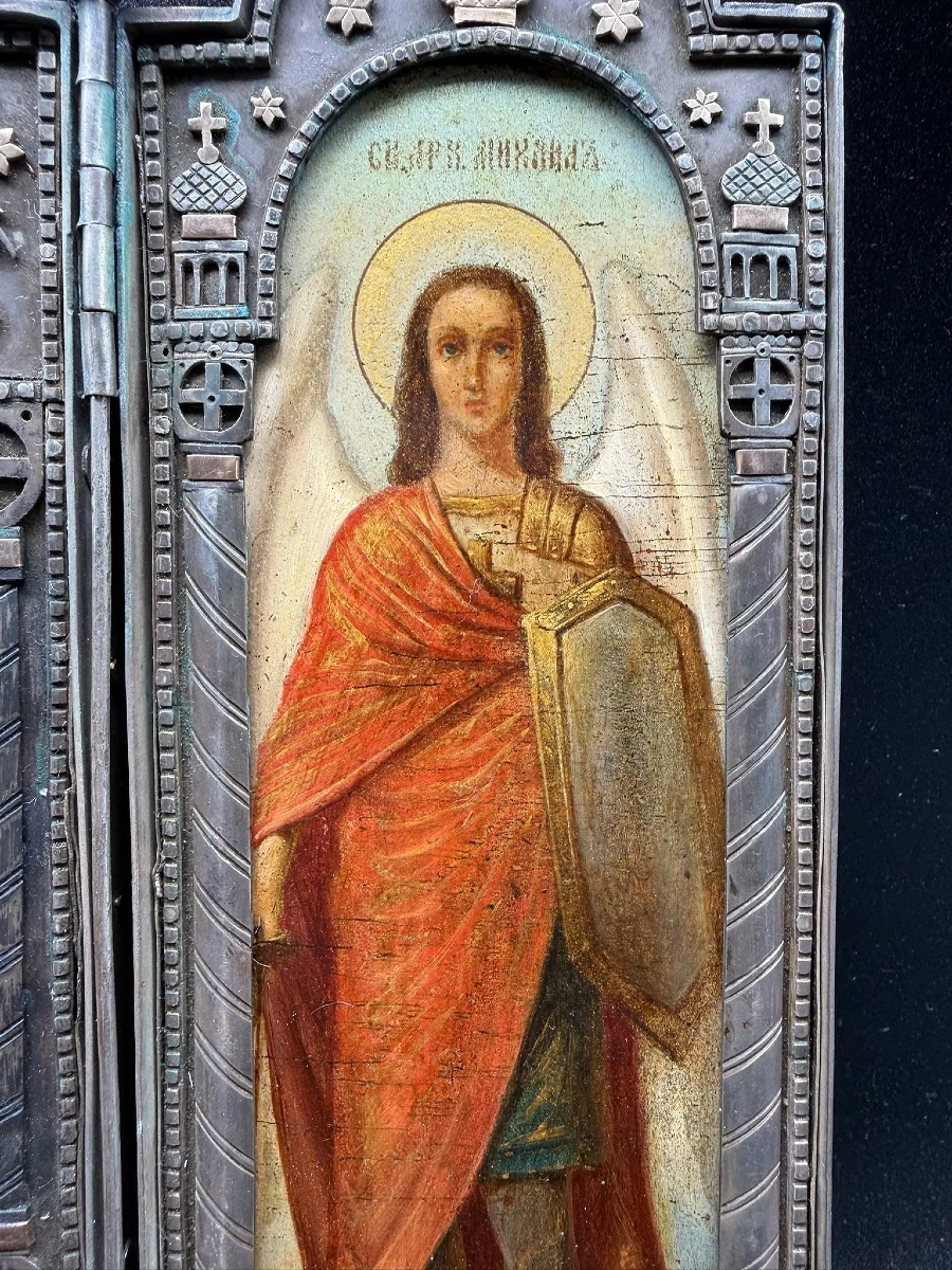 Grande icône russe en argent du XIXe siècle, Saint Nicolas, Saint Jean, Saint Michel, Triptyque-photo-6