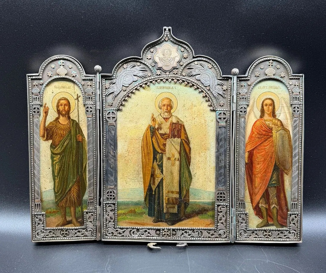 Grande icône russe en argent du XIXe siècle, Saint Nicolas, Saint Jean, Saint Michel, Triptyque
