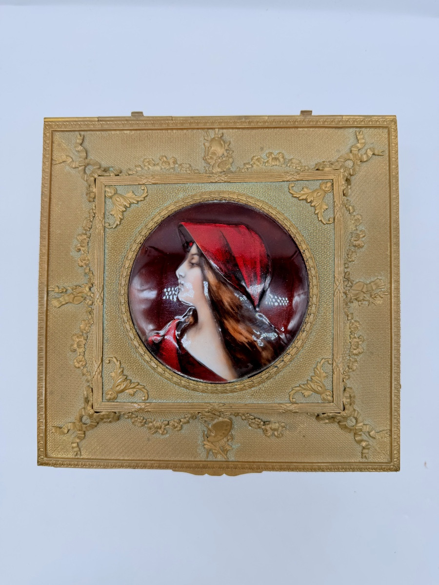 Grand coffret Empire français en bronze doré et émail de Limoges, XIXe siècle