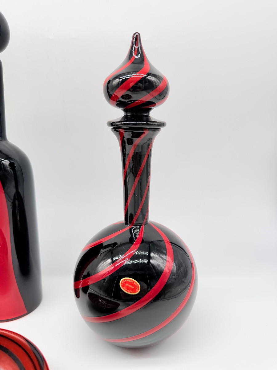 MURANO by Archimede Seguso - set en verre d'art italien à tourbillons noirs et rouges, signé -photo-2