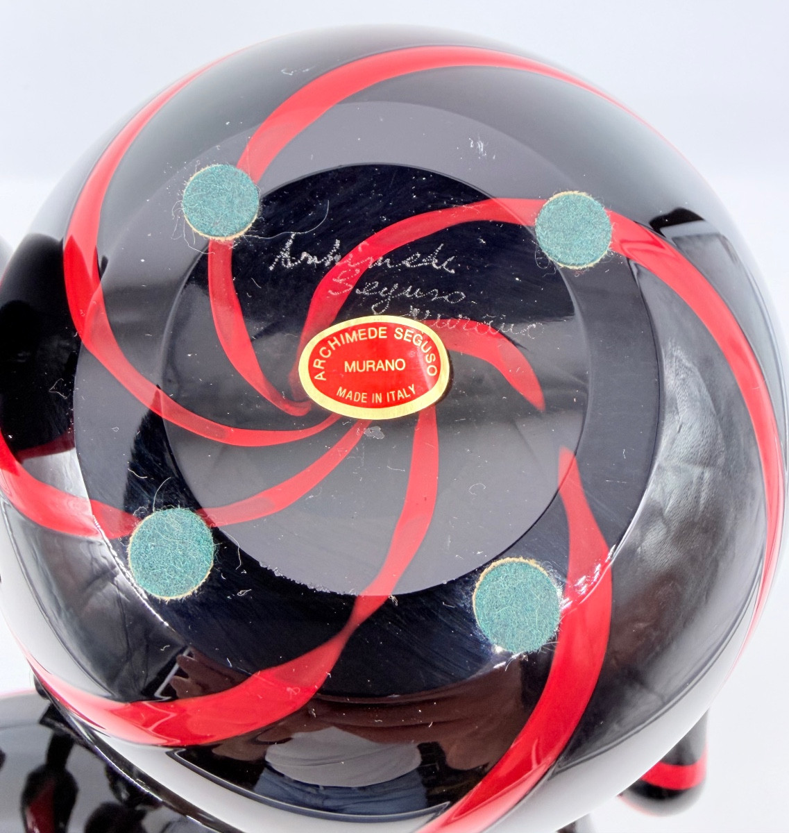 MURANO by Archimede Seguso - set en verre d'art italien à tourbillons noirs et rouges, signé -photo-3