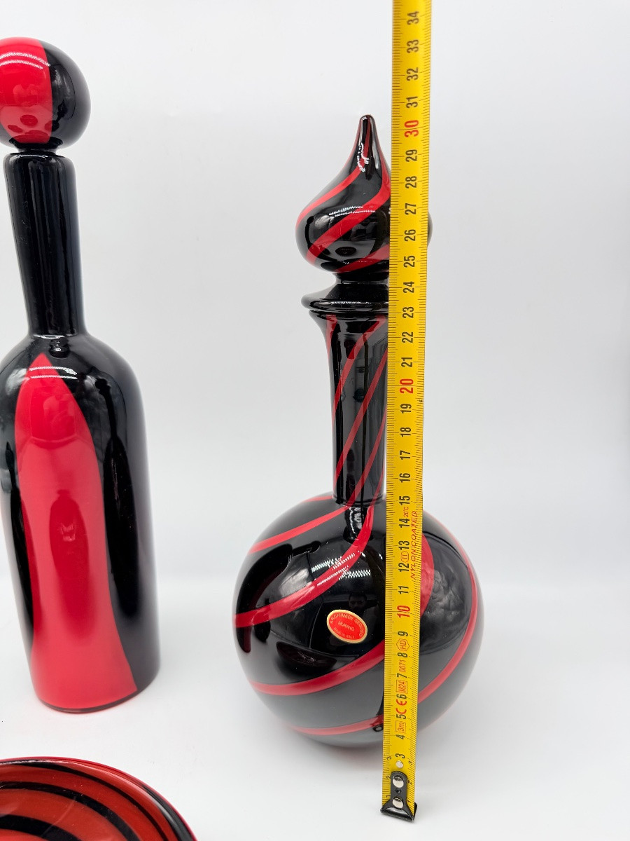 MURANO by Archimede Seguso - set en verre d'art italien à tourbillons noirs et rouges, signé -photo-1
