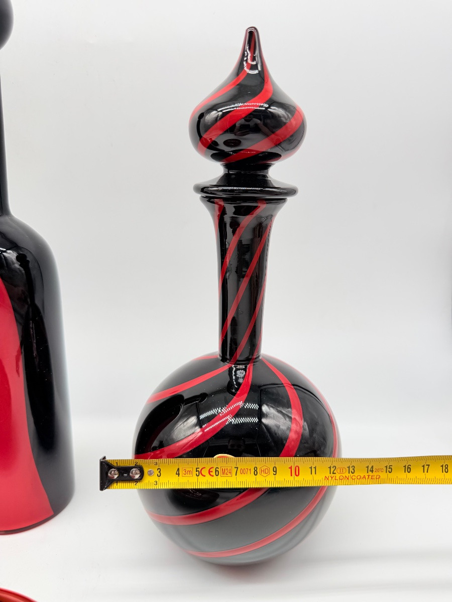 MURANO by Archimede Seguso - set en verre d'art italien à tourbillons noirs et rouges, signé -photo-3