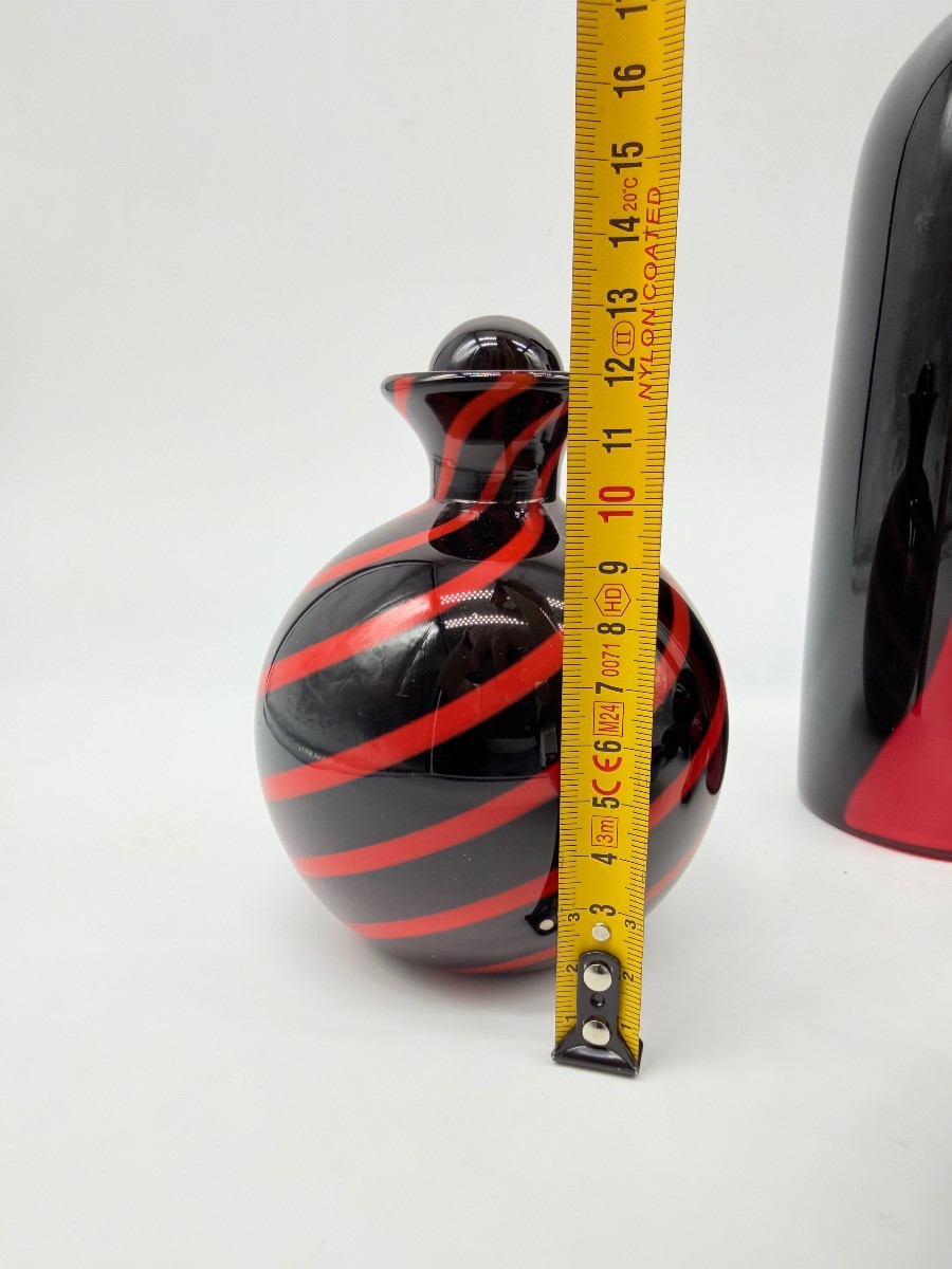 MURANO by Archimede Seguso - set en verre d'art italien à tourbillons noirs et rouges, signé -photo-4