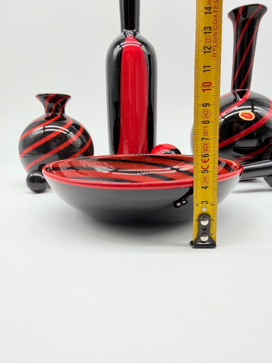MURANO by Archimede Seguso - set en verre d'art italien à tourbillons noirs et rouges, signé -photo-5