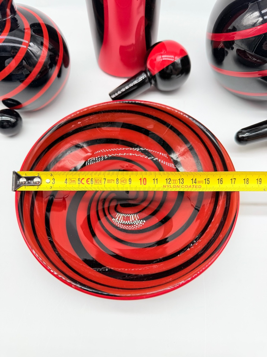 MURANO by Archimede Seguso - set en verre d'art italien à tourbillons noirs et rouges, signé -photo-6