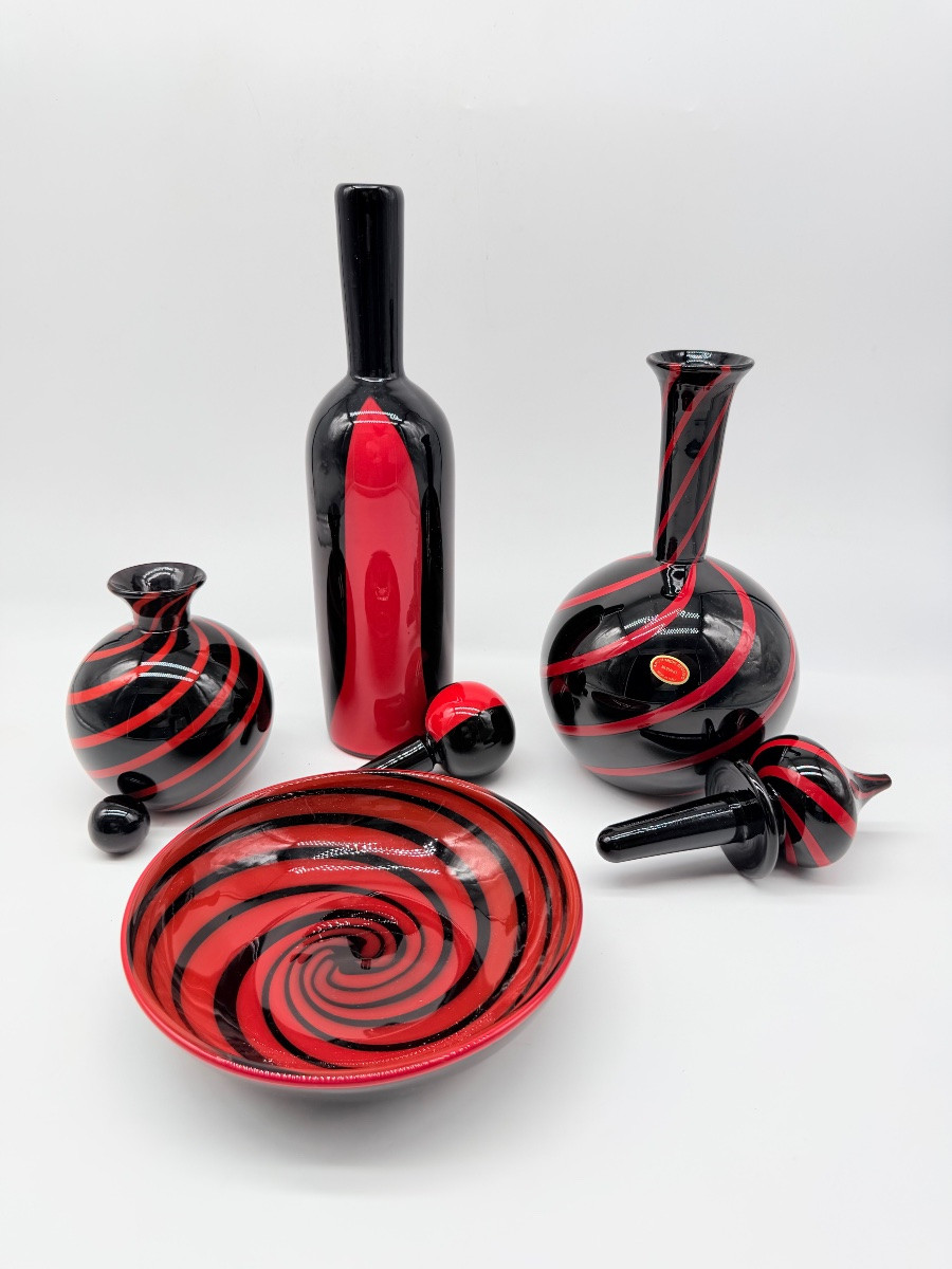 MURANO by Archimede Seguso - set en verre d'art italien à tourbillons noirs et rouges, signé -photo-7