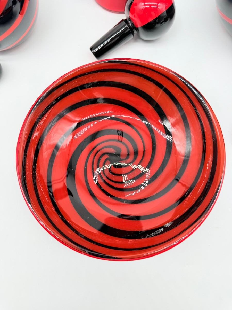 MURANO by Archimede Seguso - set en verre d'art italien à tourbillons noirs et rouges, signé -photo-8