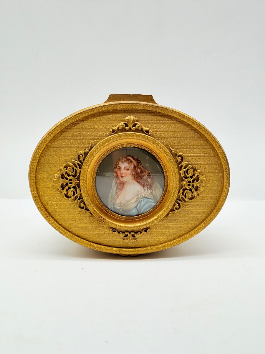 French Antique Bronze Doré Box Casket With A Miniature Portrait 
