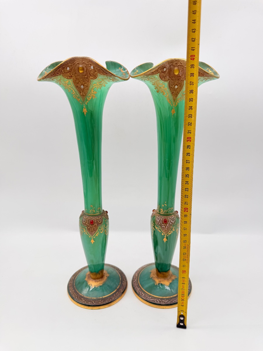 Pair Of Art Nouveau Opaline Vases In Malachite Colour Moser,harrach.-photo-1