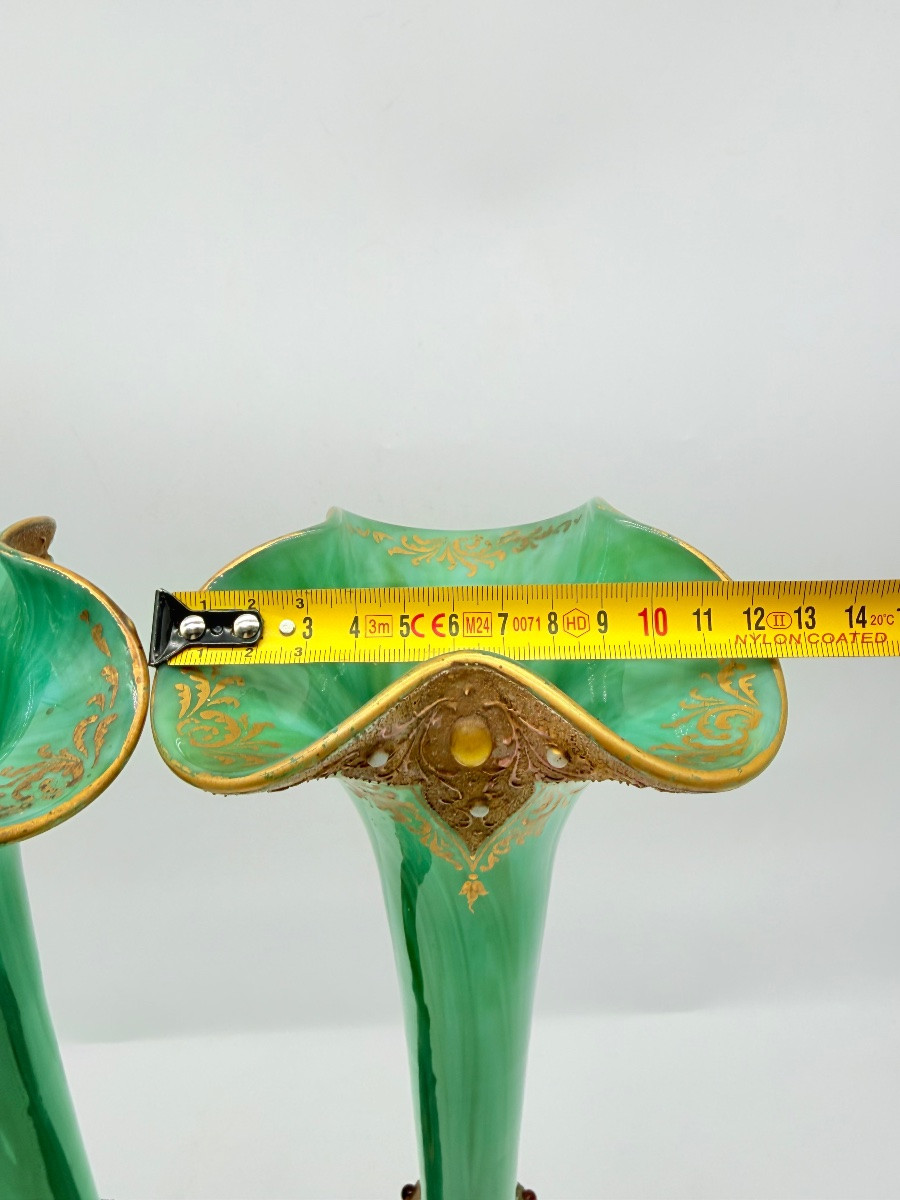 Pair Of Art Nouveau Opaline Vases In Malachite Colour Moser,harrach.-photo-2