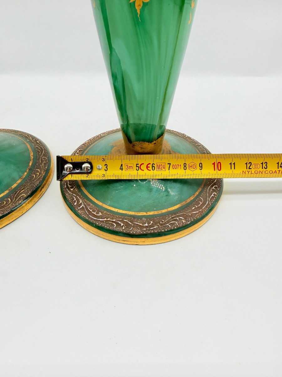 Pair Of Art Nouveau Opaline Vases In Malachite Colour Moser,harrach.-photo-3