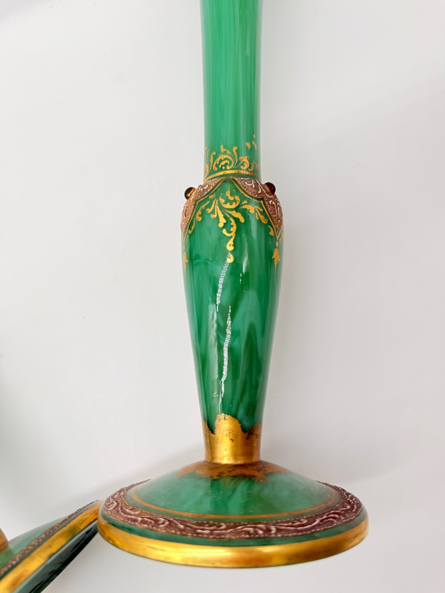 Pair Of Art Nouveau Opaline Vases In Malachite Colour Moser,harrach.-photo-4
