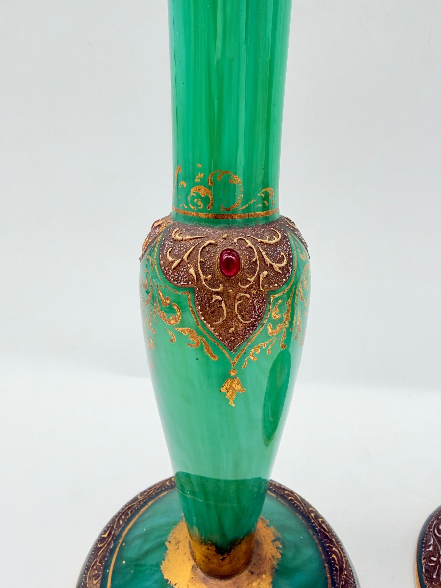 Pair Of Art Nouveau Opaline Vases In Malachite Colour Moser,harrach.-photo-8